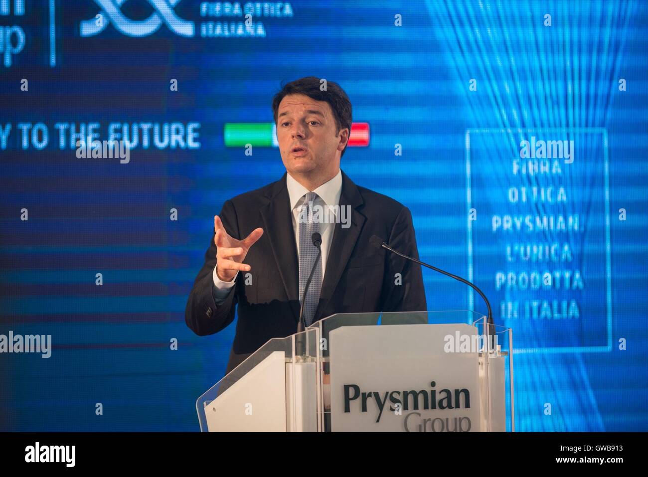 Battipaglia, Italy. 12th Sep, 2016. Italian Prime Minister Matteo Renzi visits 'Fibre Ottiche Sud' factory, of the Prysmian Group in Battipaglia, Salerno. The F.O.S. is a company specialized in the production of cables for applications in the energy sector and telecommunications and optic fibers. © Ivan Romano/Pacific Press/Alamy Live News Stock Photo