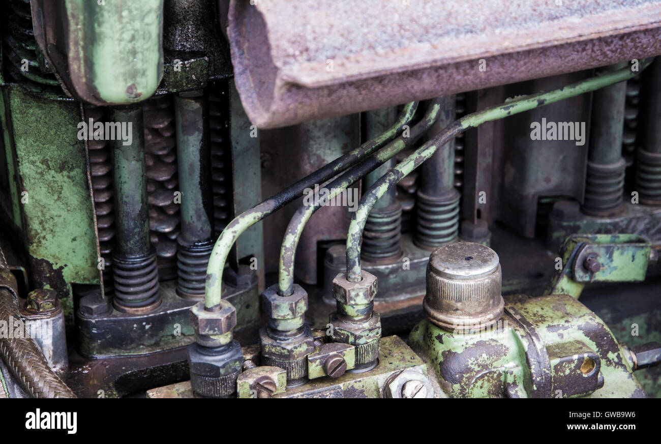 Detail of an old historic tractor old-timer motor Stock Photo
