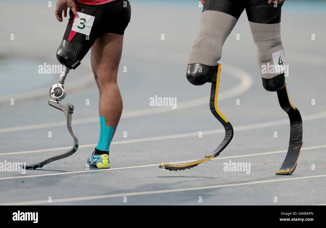 General view of an athletes prosthetic running blade during the fifth