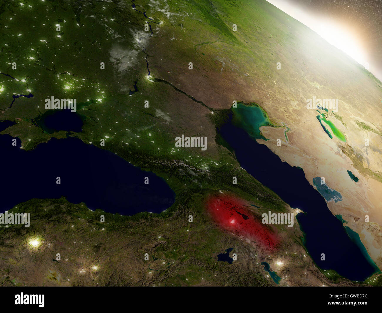 Armenia highlighted in red as seen from Earth's orbit in space. 3D ...