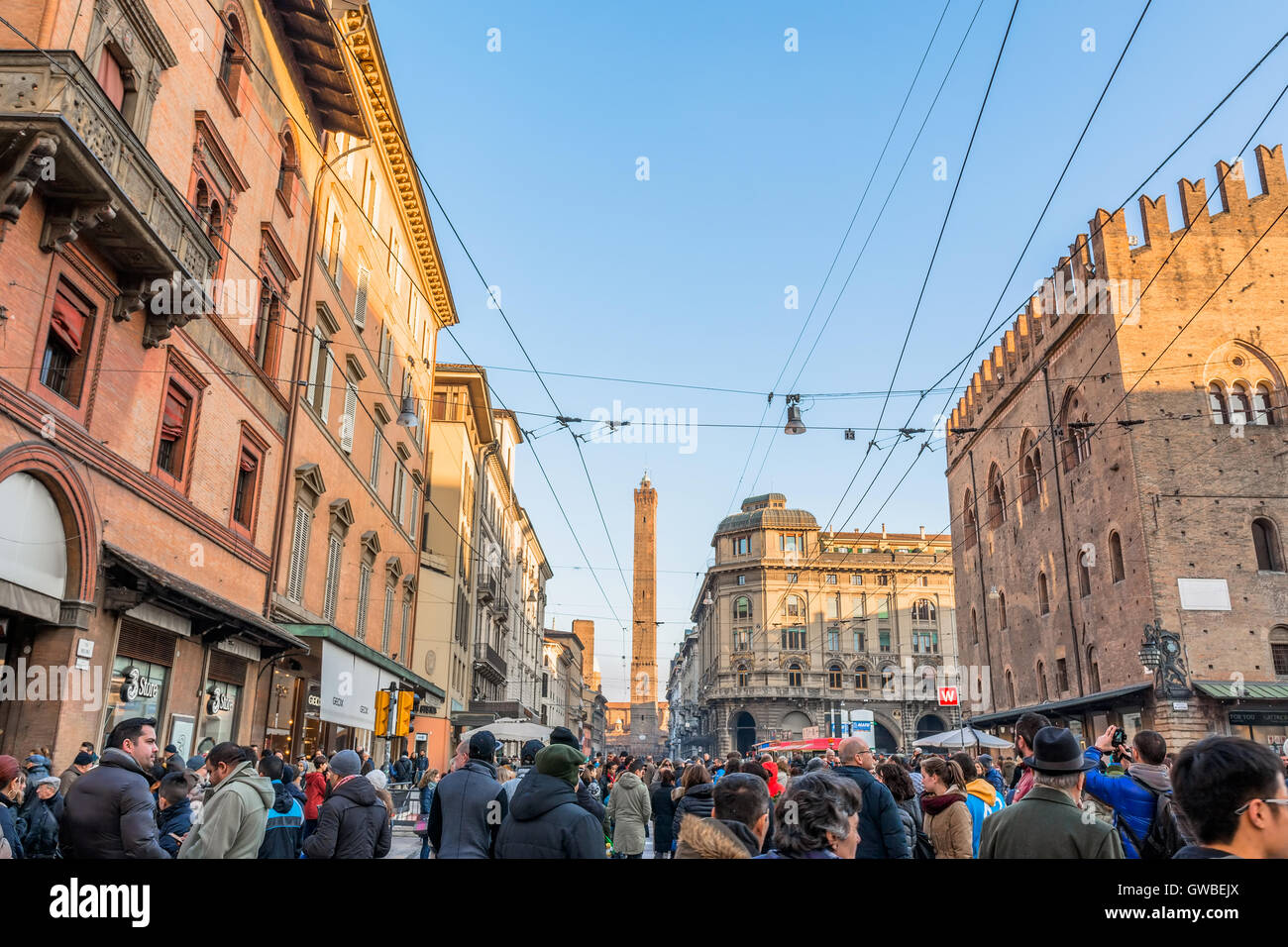 street view with people and main street in Bologna, Italy. Stock Photo