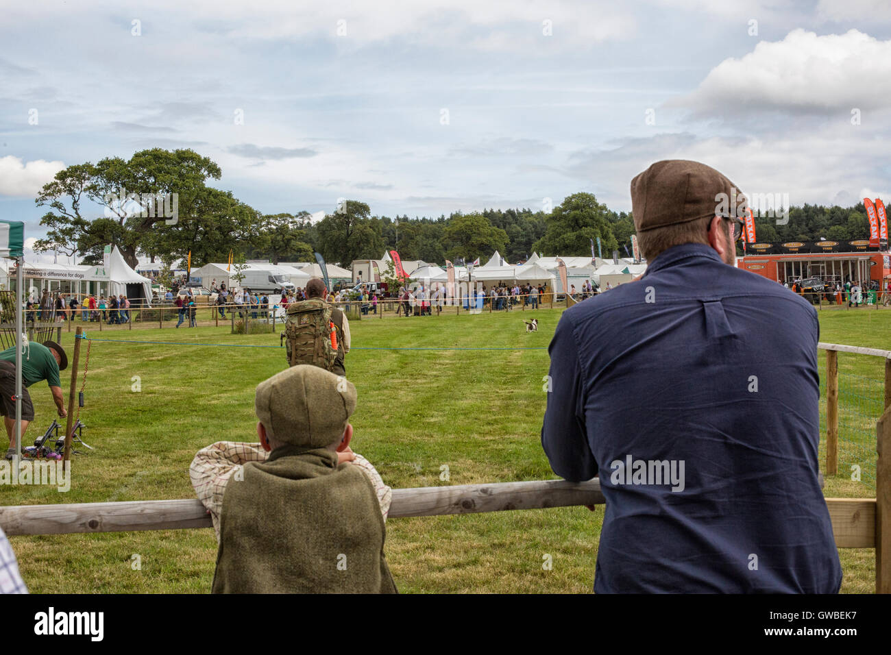 Father and son watching the long retrieve for dogs at a show in Yorkshire, England Stock Photo