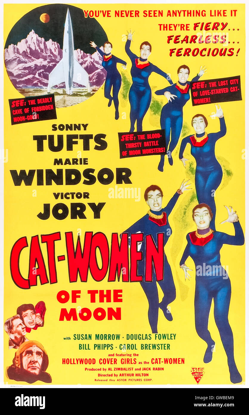 Cat-Women of the Moon (1953) directed by Arthur Hilton and starring Sonny Tufts, Victor Jory and Marie Windsor. Astronauts land on the dark side of the moon and discover leotard-clad women who plan to steal their spaceship. Stock Photo