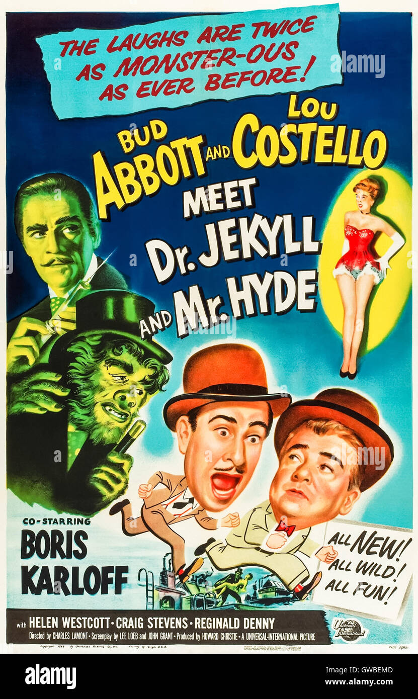 Abbott and Costello Meet Dr. Jekyll and Mr. Hyde (1953) directed by Charles Lamont and starring Bud Abbott, Lou Costello and Boris Karloff. American cops visiting London and meet Dr. Jekyll and his alter-ego Mr Hyde. Stock Photo