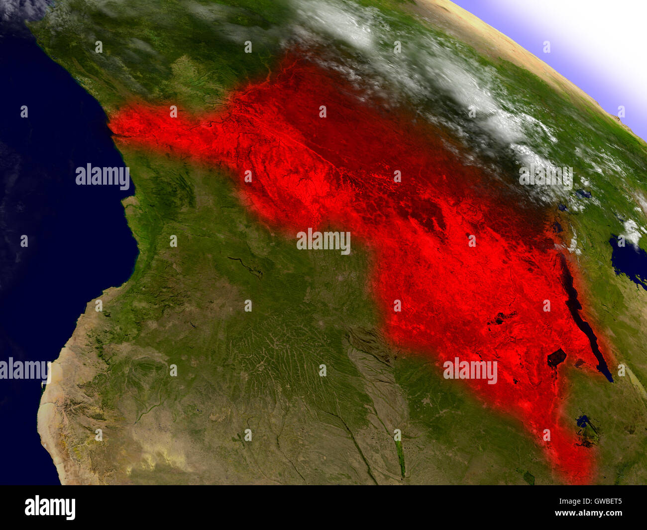 Democratic Republic of Congo highlighted in red as seen from Earth's ...