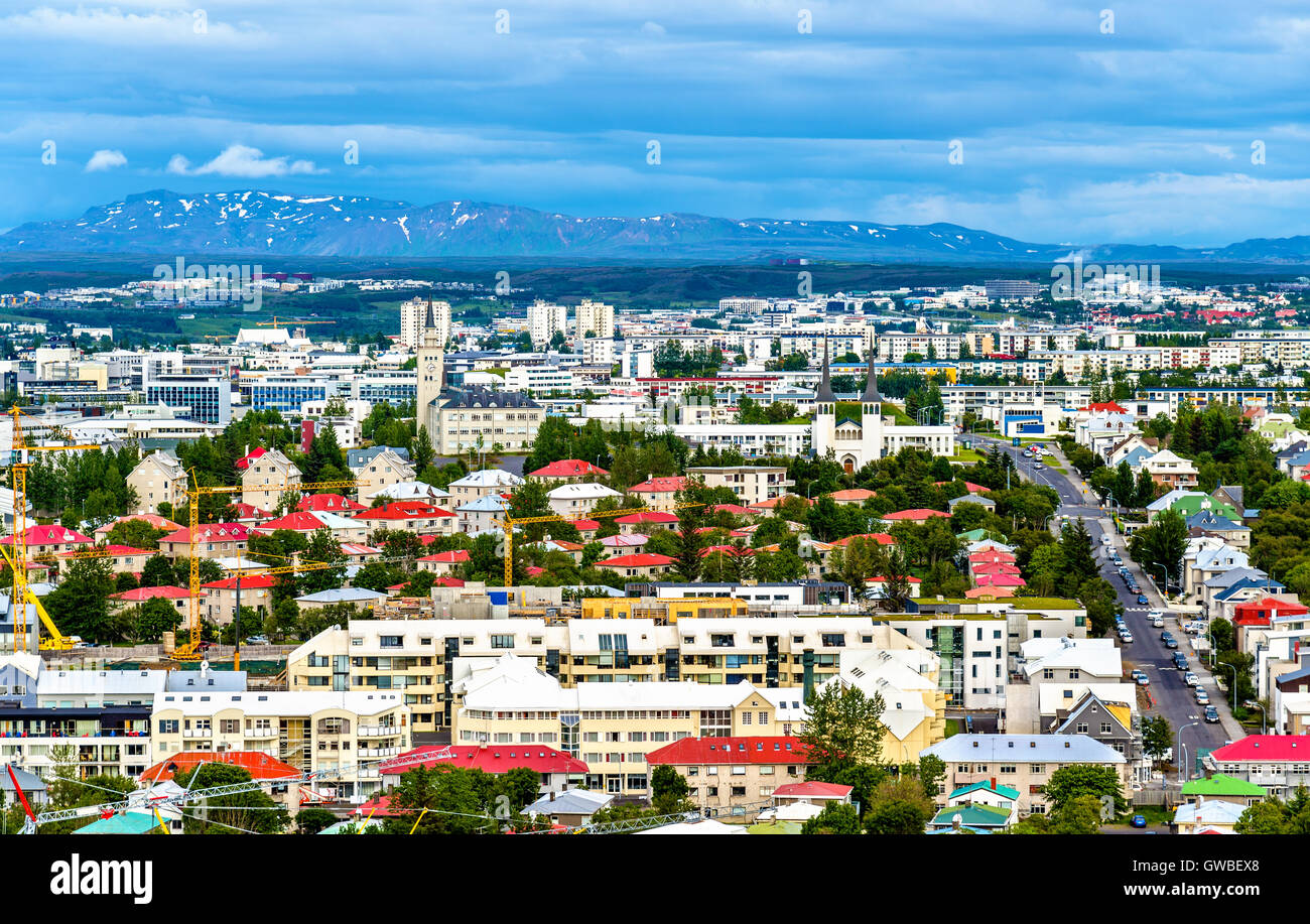 View of Reykjavik from the top of the Hallgrimskirkja church - Iceland Stock Photo