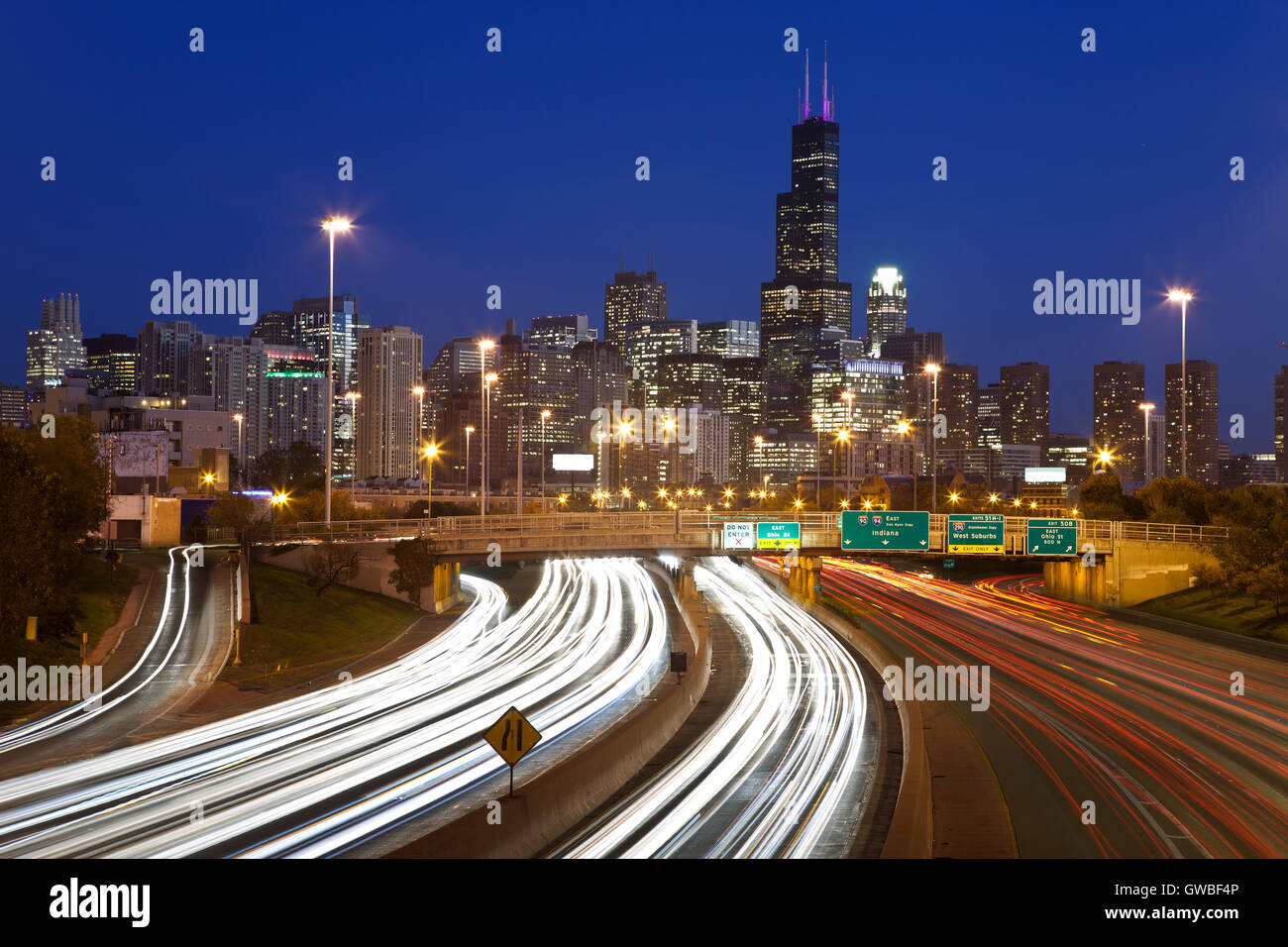 Chicago traffic. Busy interstate I94 heading to Chicago downtown. Stock Photo