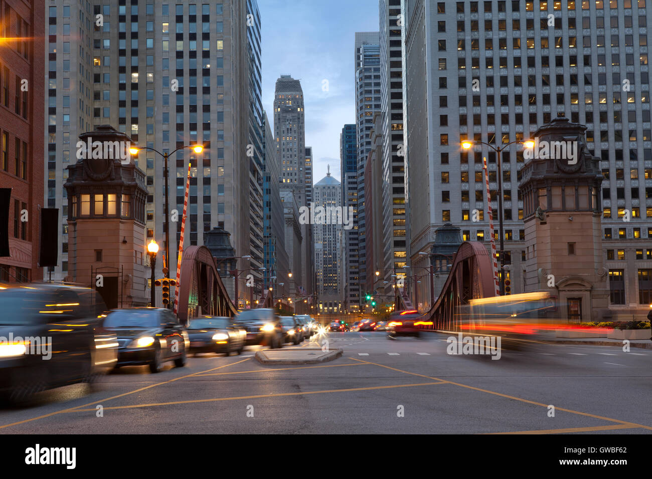Street of Chicago. Image of La Salle street in Chicago downtown at twilight. Stock Photo