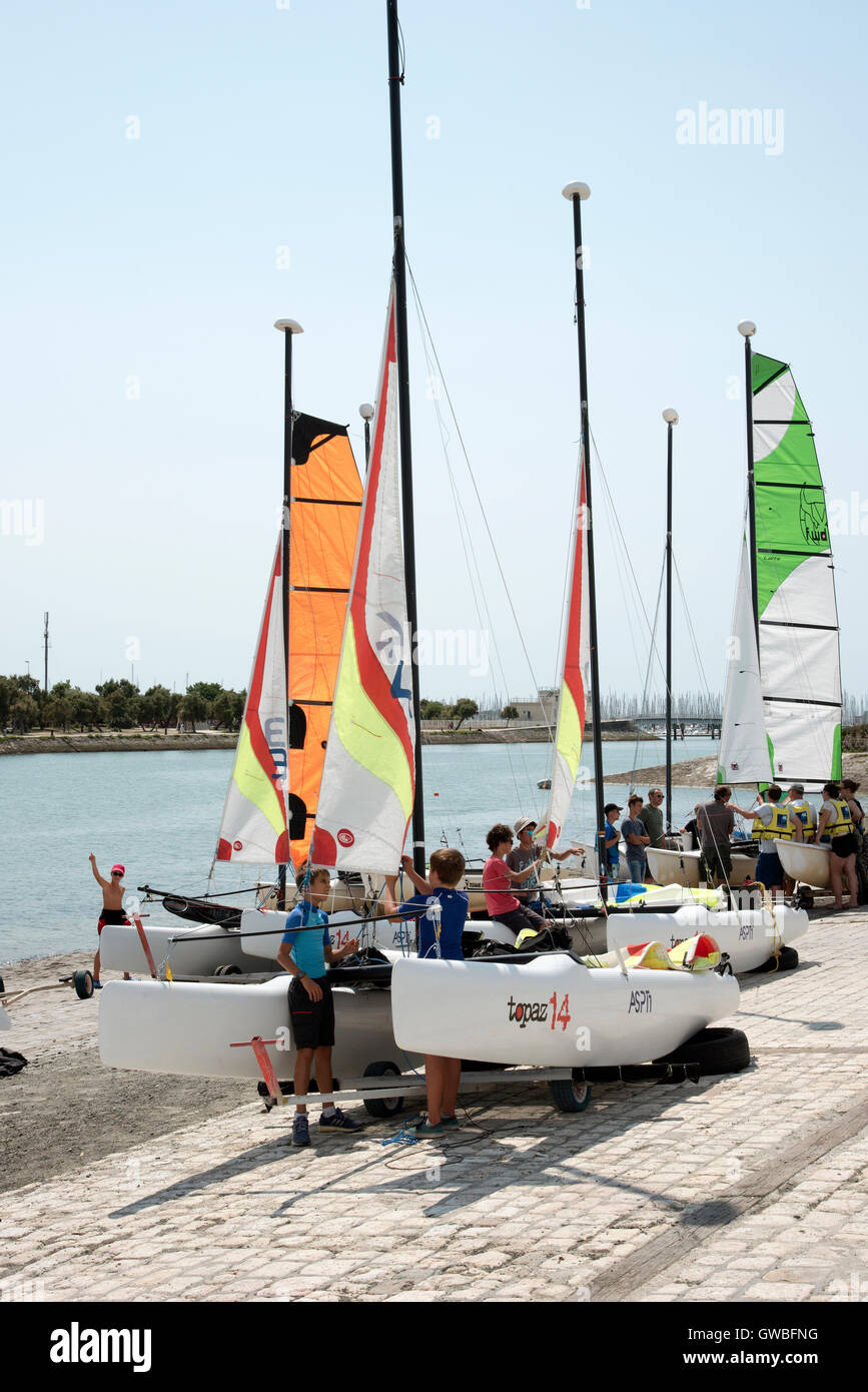 Sailing school in La Rochelle southwest France Young people learning to sail in the harbor at