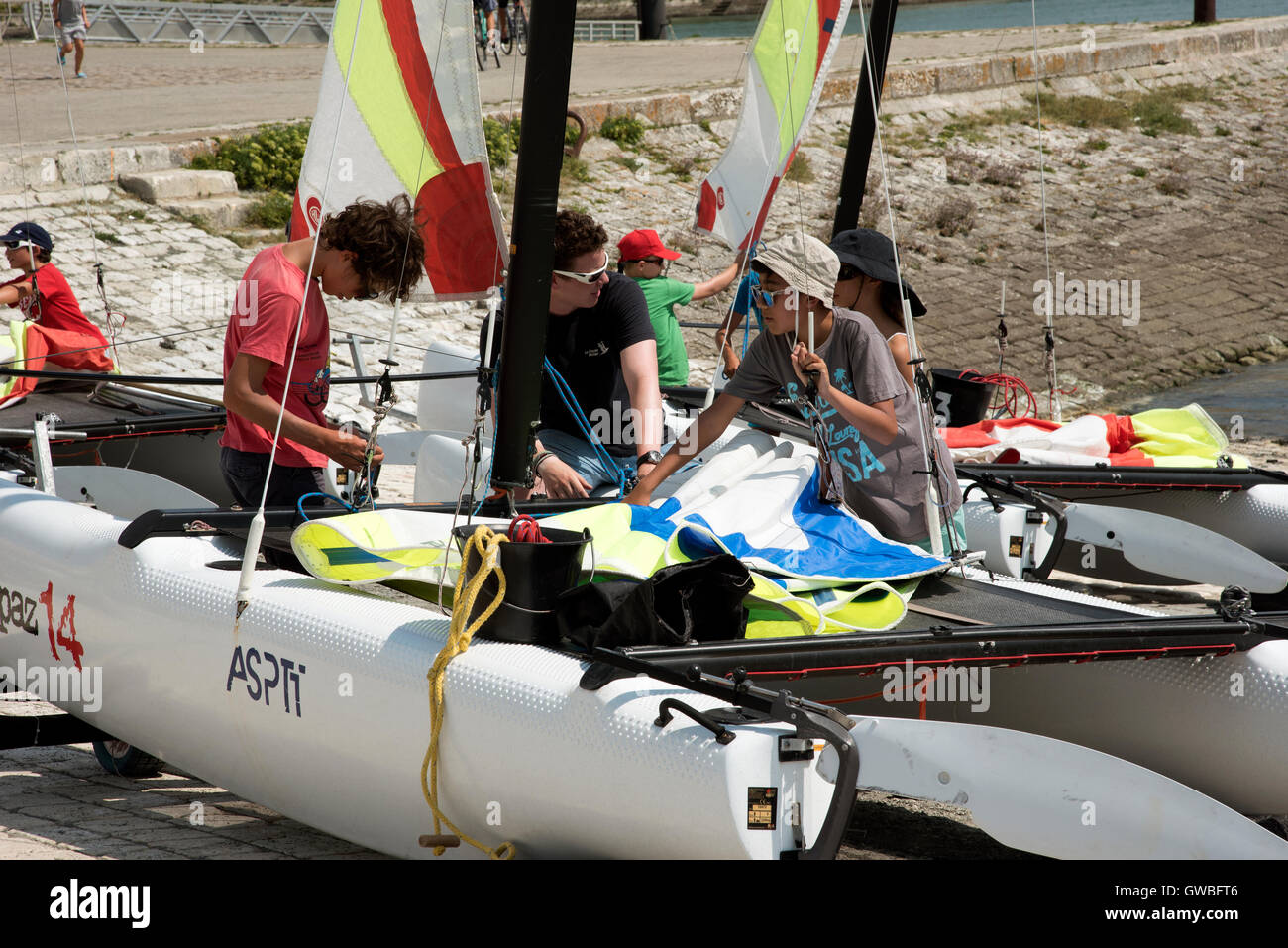 Sailing school in La Rochelle southwest France Young people learning to sail in the harbor at