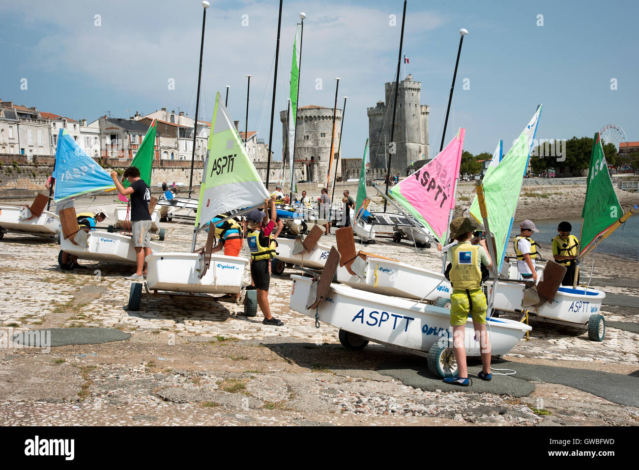 Sailing school in La Rochelle southwest France Young people learning to sail in the harbor at
