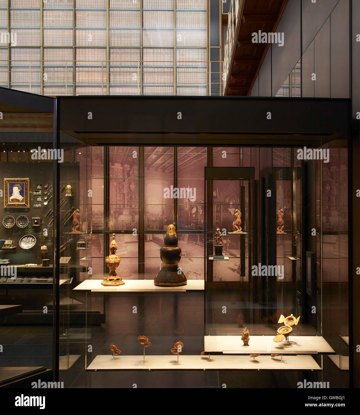 Showcase with artefact displays. Waddesdon Bequest Gallery at the