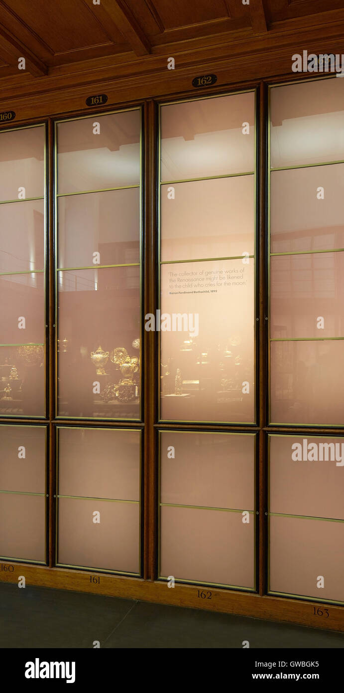 Glass backlit paneling with Baron Rothschild quotation. Waddesdon Bequest Gallery at the British Museum, London, United Kingdom. Architect: Stanton Williams, 2015. Stock Photo