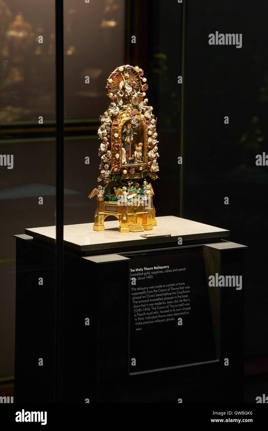 Showcase with the Holy Thorn Reliquary. Waddesdon Bequest Gallery at the British Museum, London, United Kingdom. Architect: Stanton Williams, 2015. Stock Photo