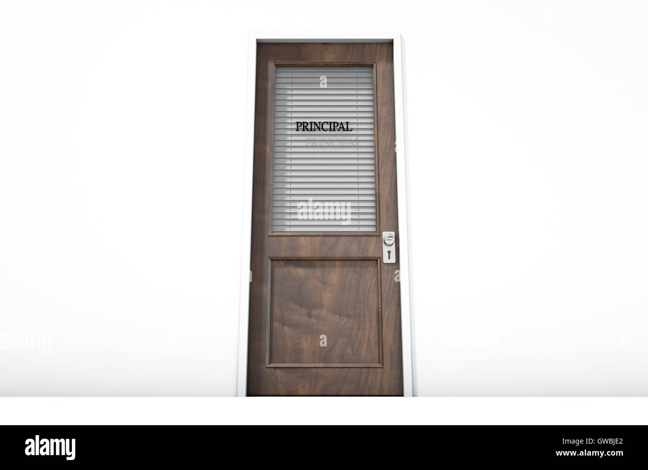 A 3D render of a wooden door with a glass section covered by a closed shutter with the word principal written on it Stock Photo