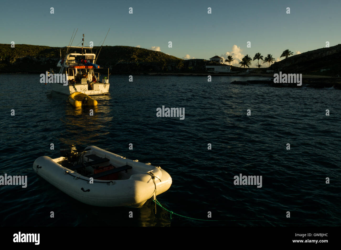 Scuba diving tourism boats anchored close to Santa Barbara Island, Abrolhos National Marine Park, Bahia state Brazil Stock Photo