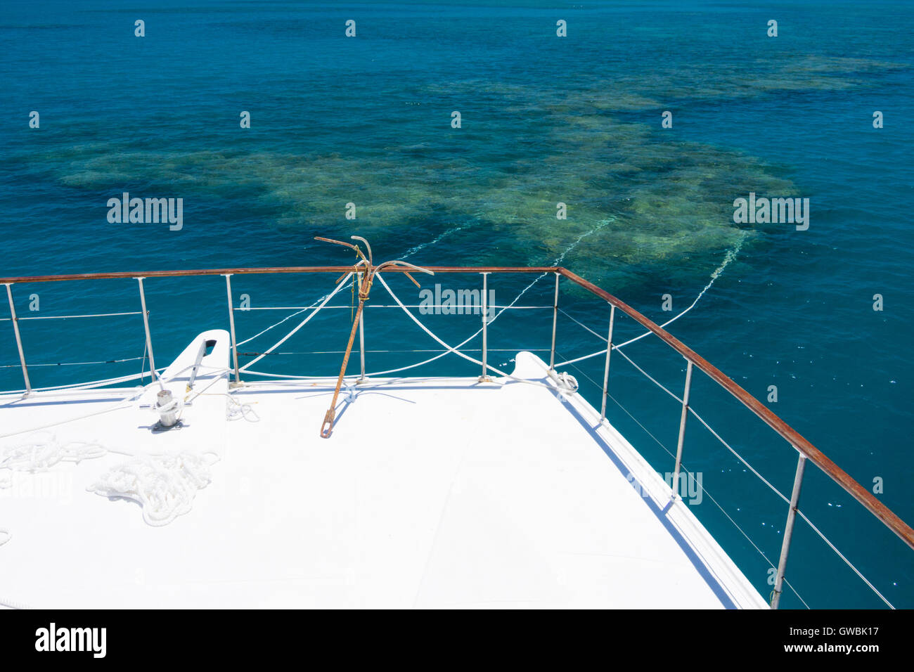 scuba diving boat anchored in a coral reef at south Bahia state, close to Abrolhos National Marine Park, Brazil Stock Photo