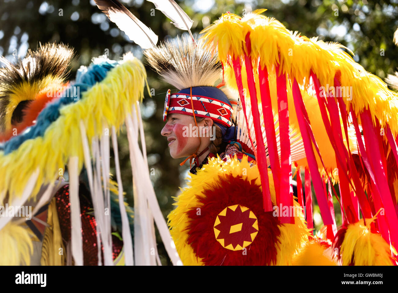 Native American dancers from the Arapahoe people dressed in traditional