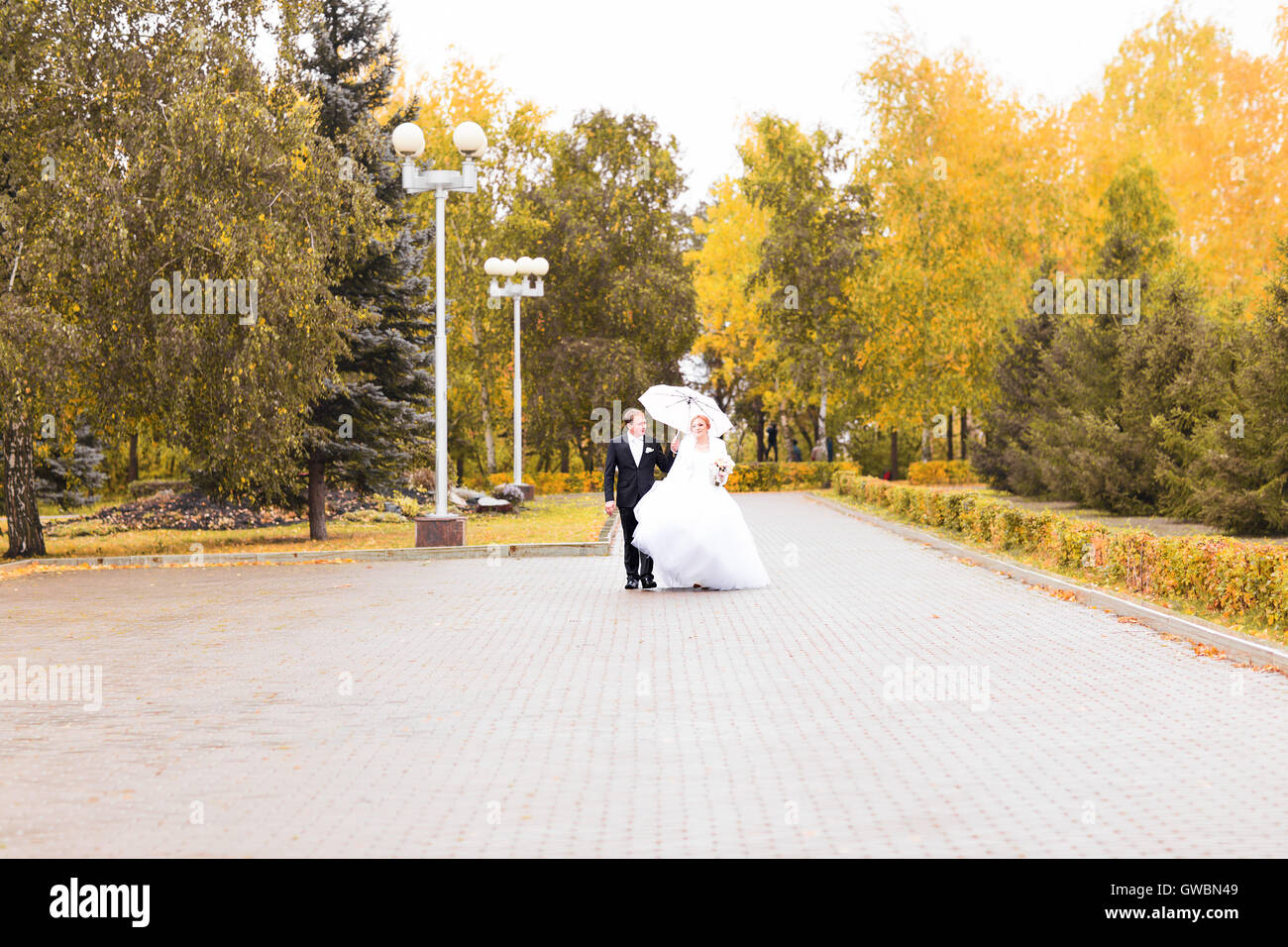 Bride and groom walking in the autumn park Stock Photo - Alamy