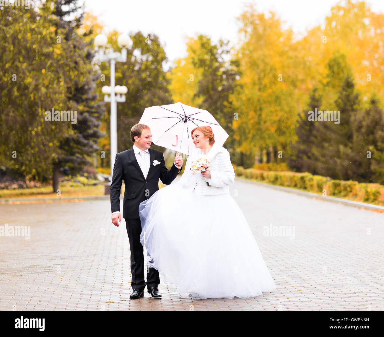 Bride and groom walking in the autumn park Stock Photo - Alamy