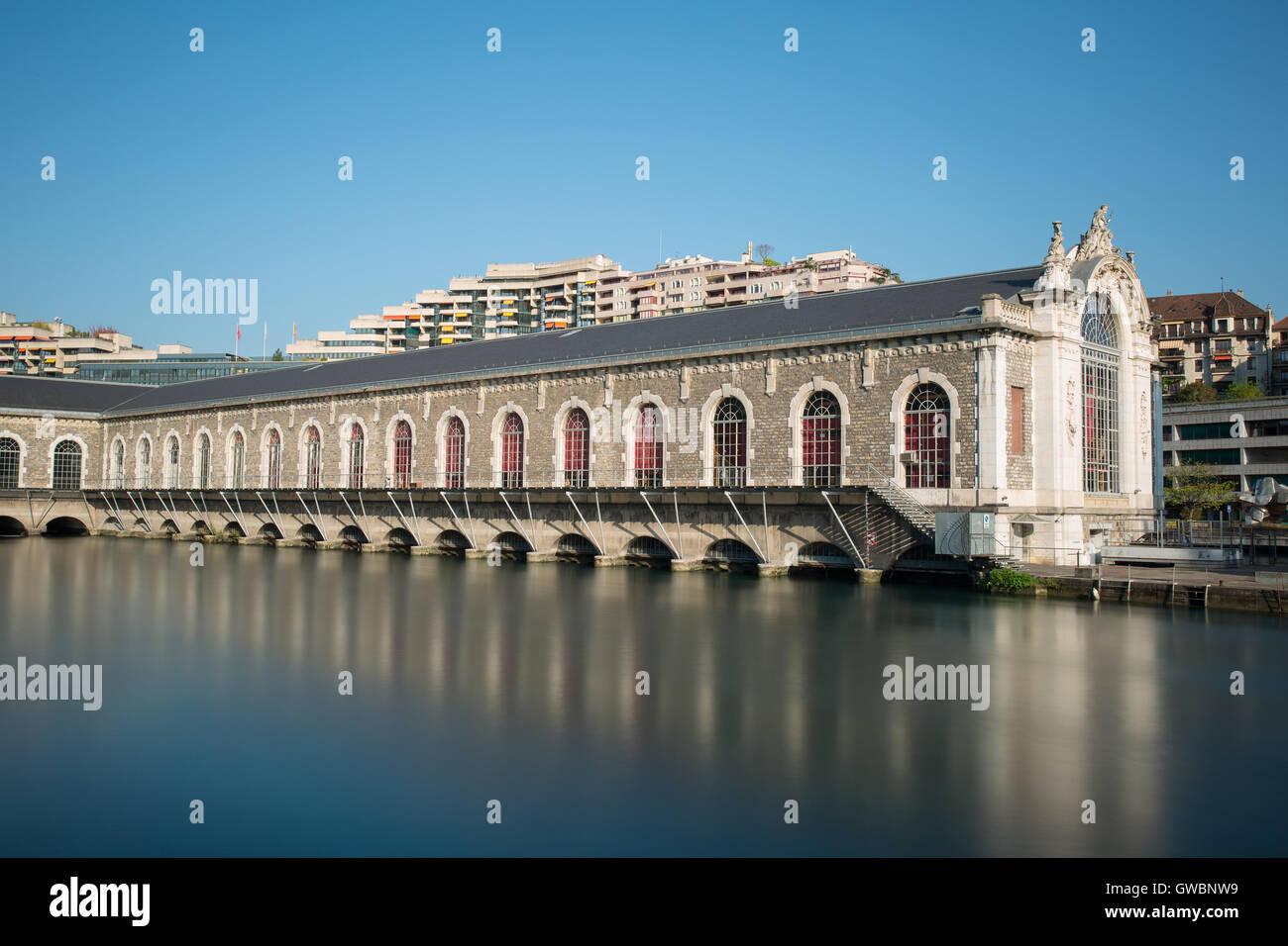 Long exposure view of the Batiment des Forces Motrices on the Rhone ...