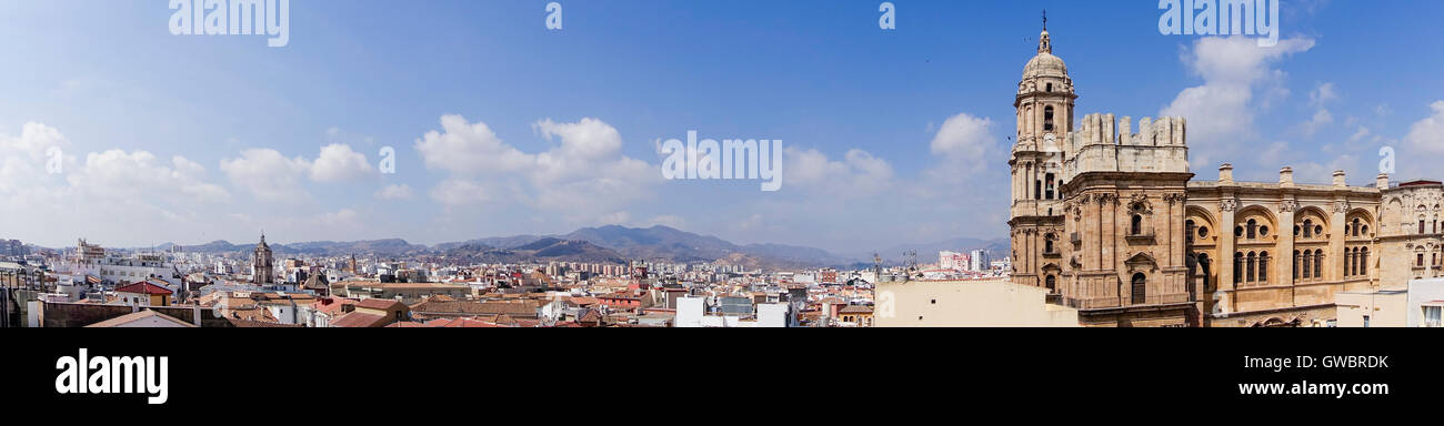 Panoramic of Málaga, Spain from the top of the Hotel Molina Lario that shows the top of the Catedral de la Encarnación de Málaga Stock Photo