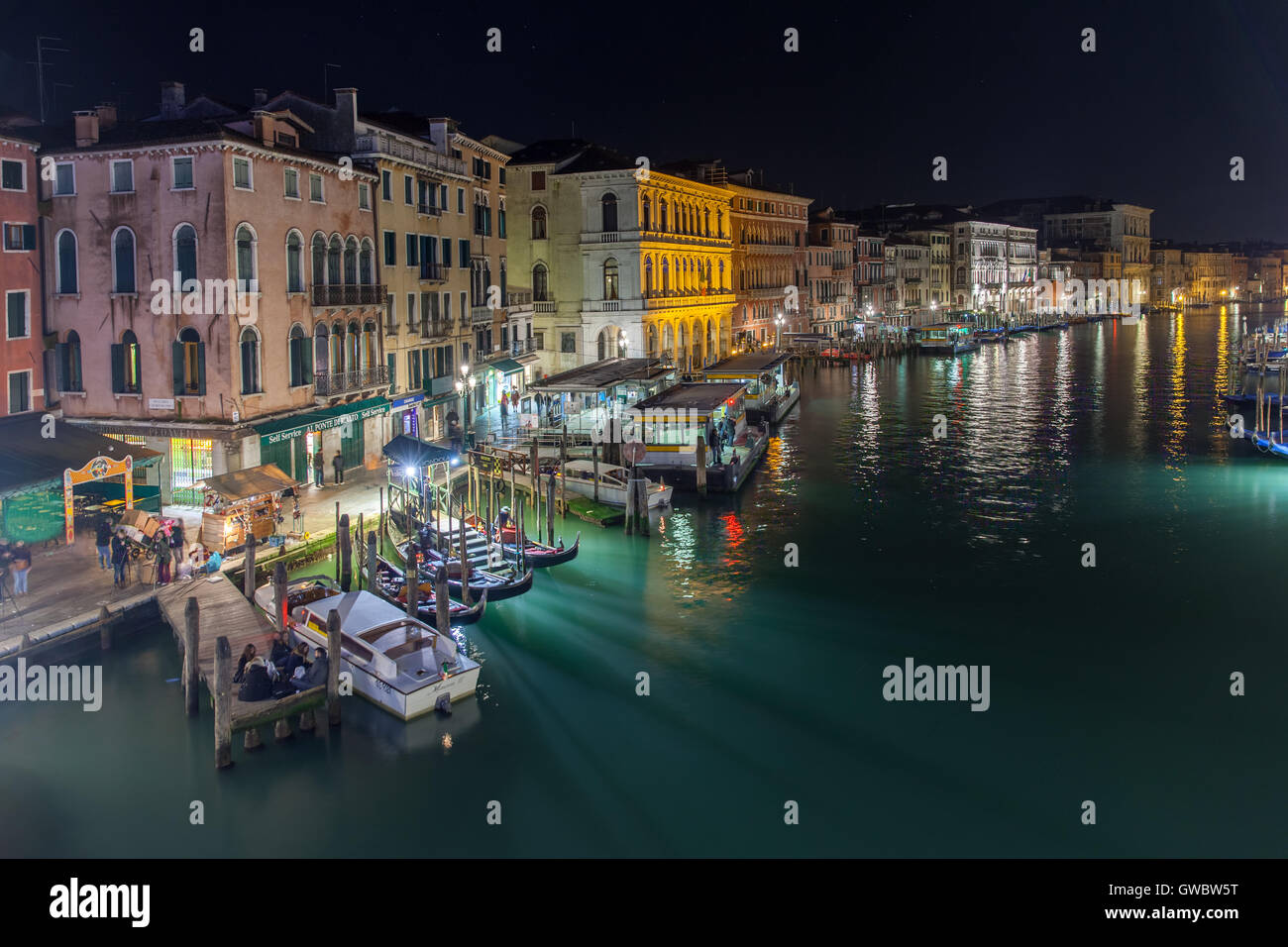 The Grand Canal from Rialto Bridge at night in Venice, Italy Stock ...