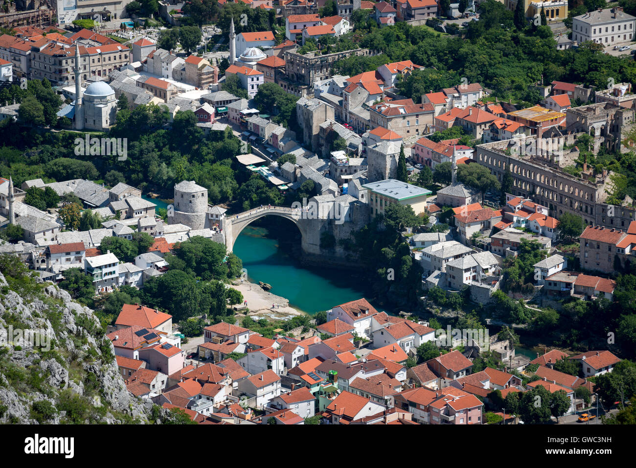 An aerial view of the Neretva river which runs across old Mostar and ...
