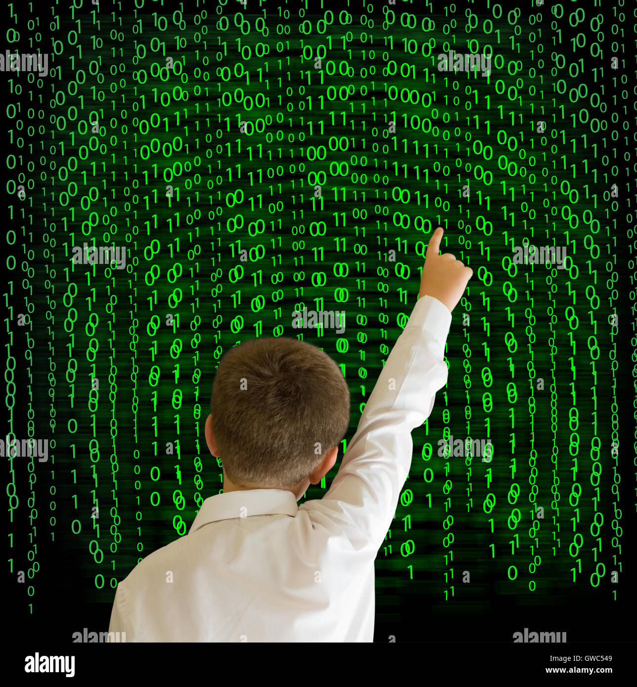 Boy, businessman student teacher with binary on background Stock Photo ...