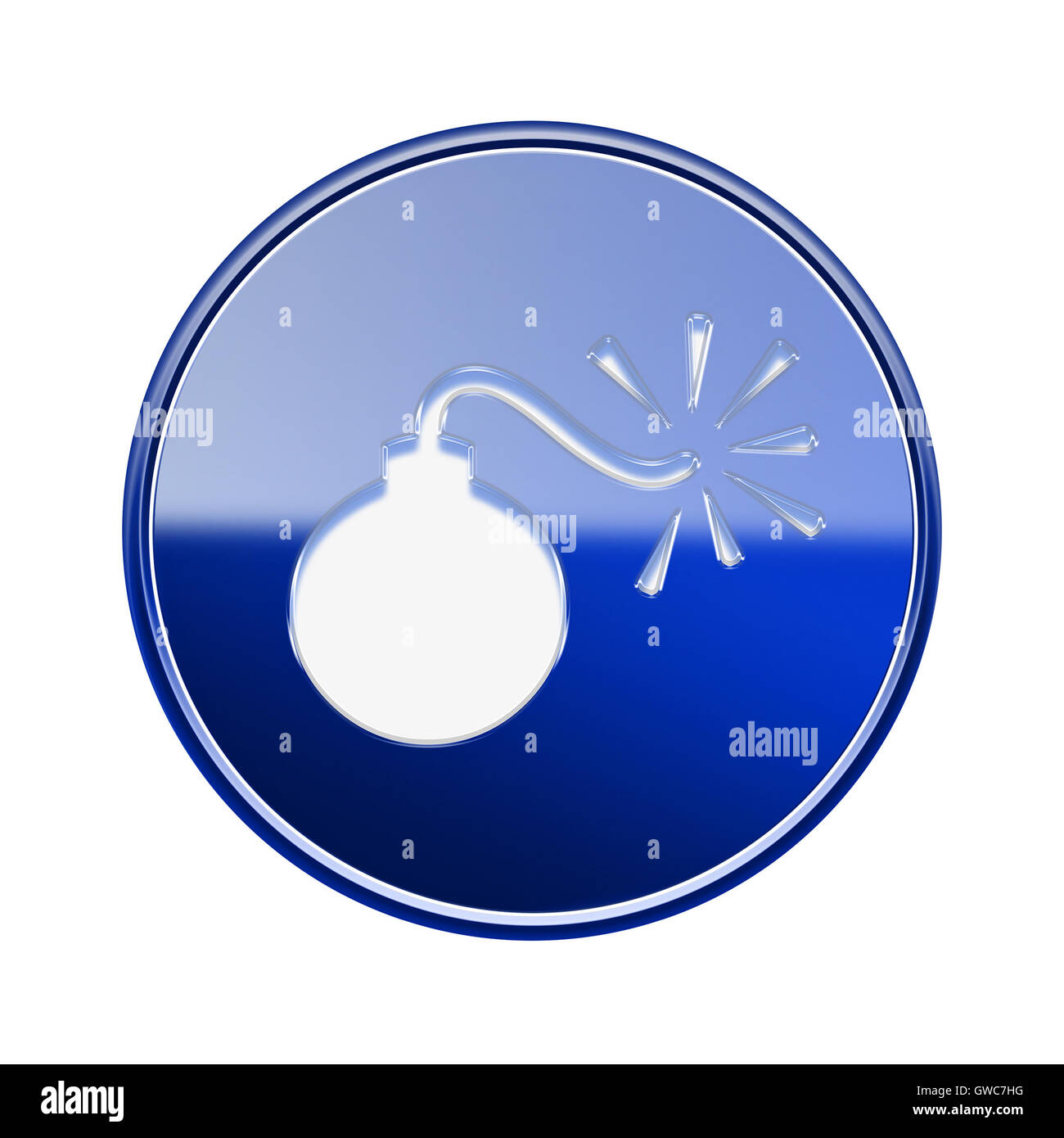 bomb icon glossy blue, isolated on white background Stock Photo
