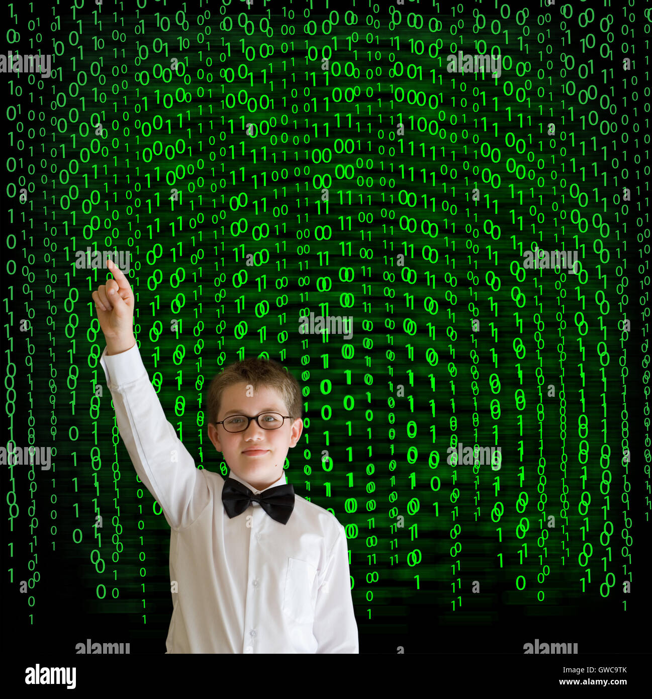 Boy, businessman student teacher with binary on background Stock Photo ...