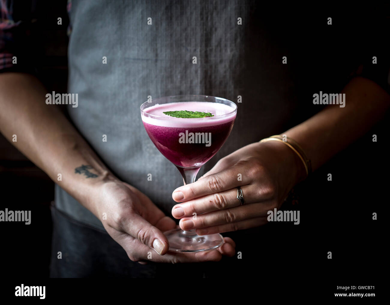 A woman is holding a blueberry cocktail in a coupe glass in her hands photographed from the front view. Stock Photo