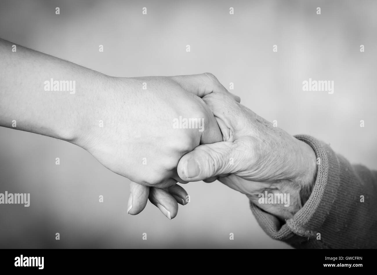 Closeup two hands holding each other appearing to be that of a young and one old person in black white edition. Stock Photo