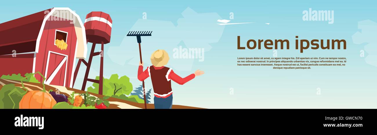 Farmer Working On Farm Barn Vector Illustration Stock Vector Image ...