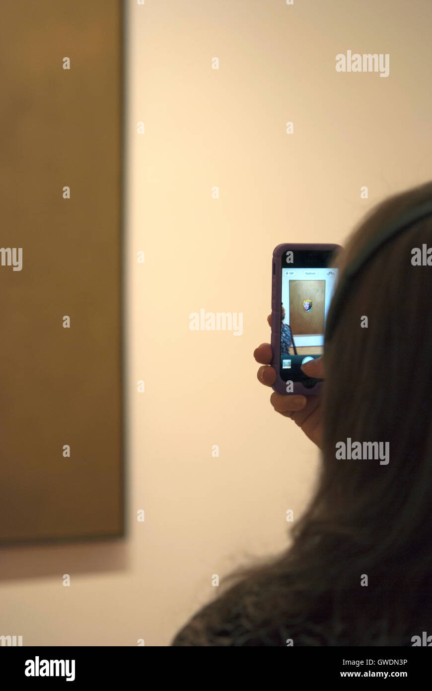 MOMA visitor taking a picture of Marilyn Monroe portrait by Andy Warhol with a mobile device. Stock Photo