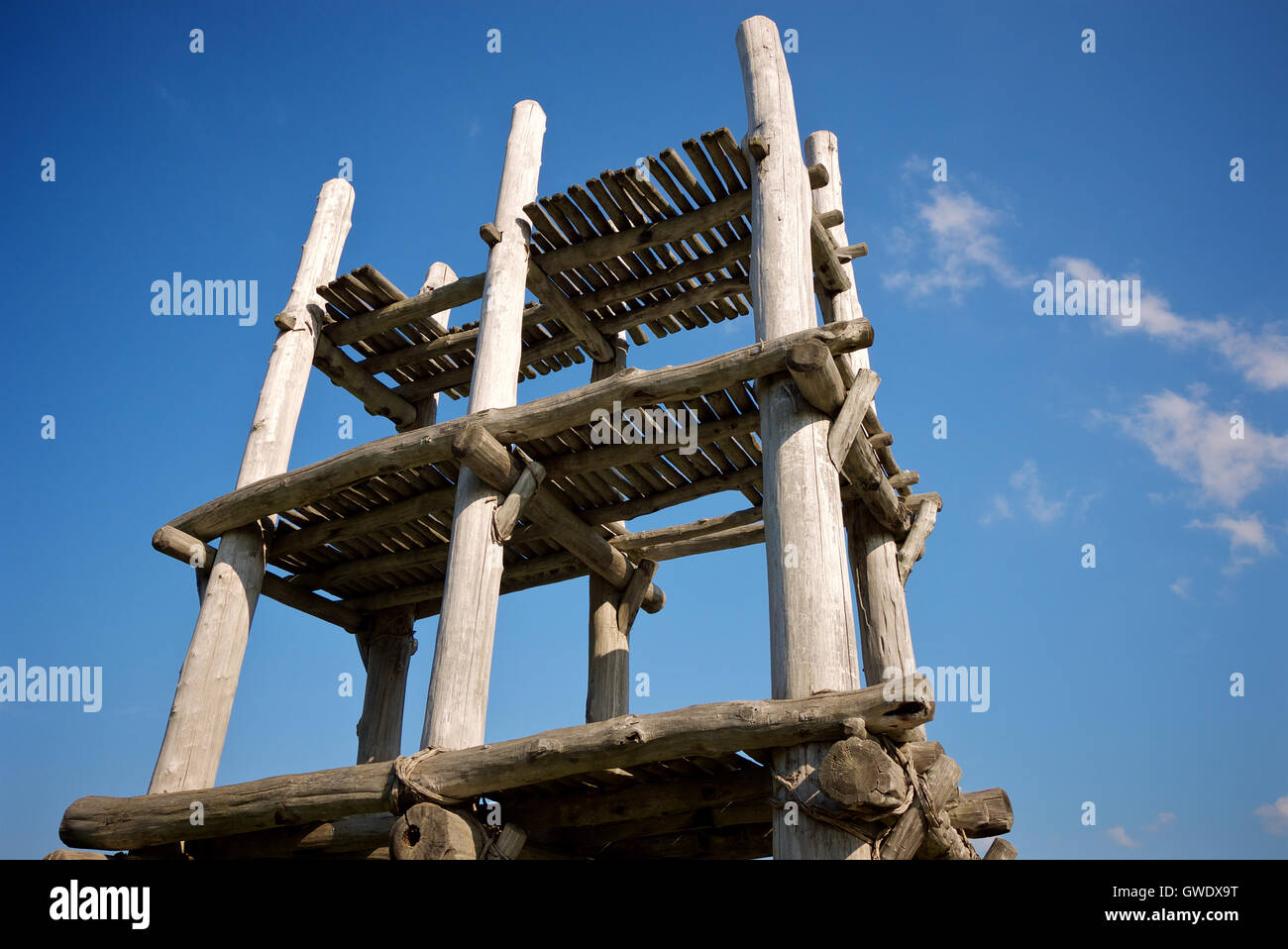 Reconstructed Jomon Period Wooden Watch Tower at the Sannai-Maruyama site Stock Photo