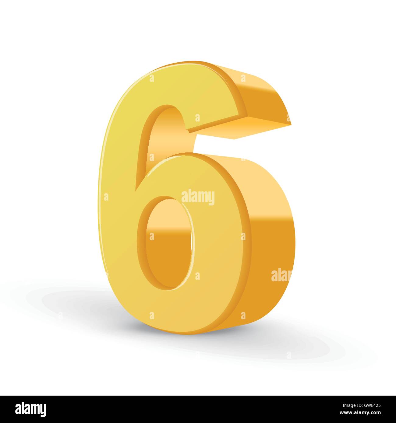 3D image shiny yellow number 6 isolated on white background Stock Vector