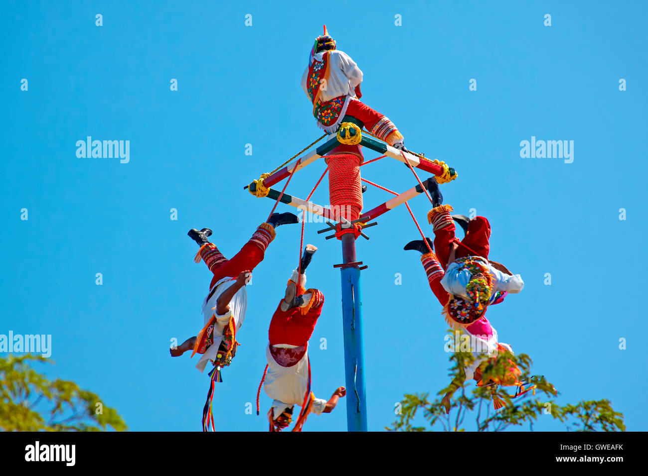 TULUM, MEXICO - NOVEMBER 2, 2010: Maya Indian street performers a.k.a Flying Mayans performing Maya Cultural traditional stunts  Stock Photo