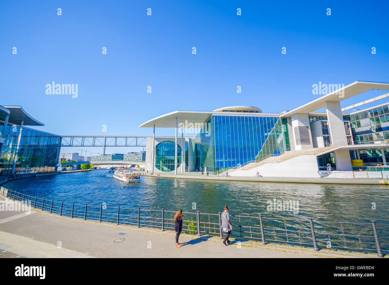 BERLIN, GERMANY - JUNE 06, 2015: Marie Elisabeth Lueders house in Berlin is a beautiful modern construction, surrounded by a riv Stock Photo