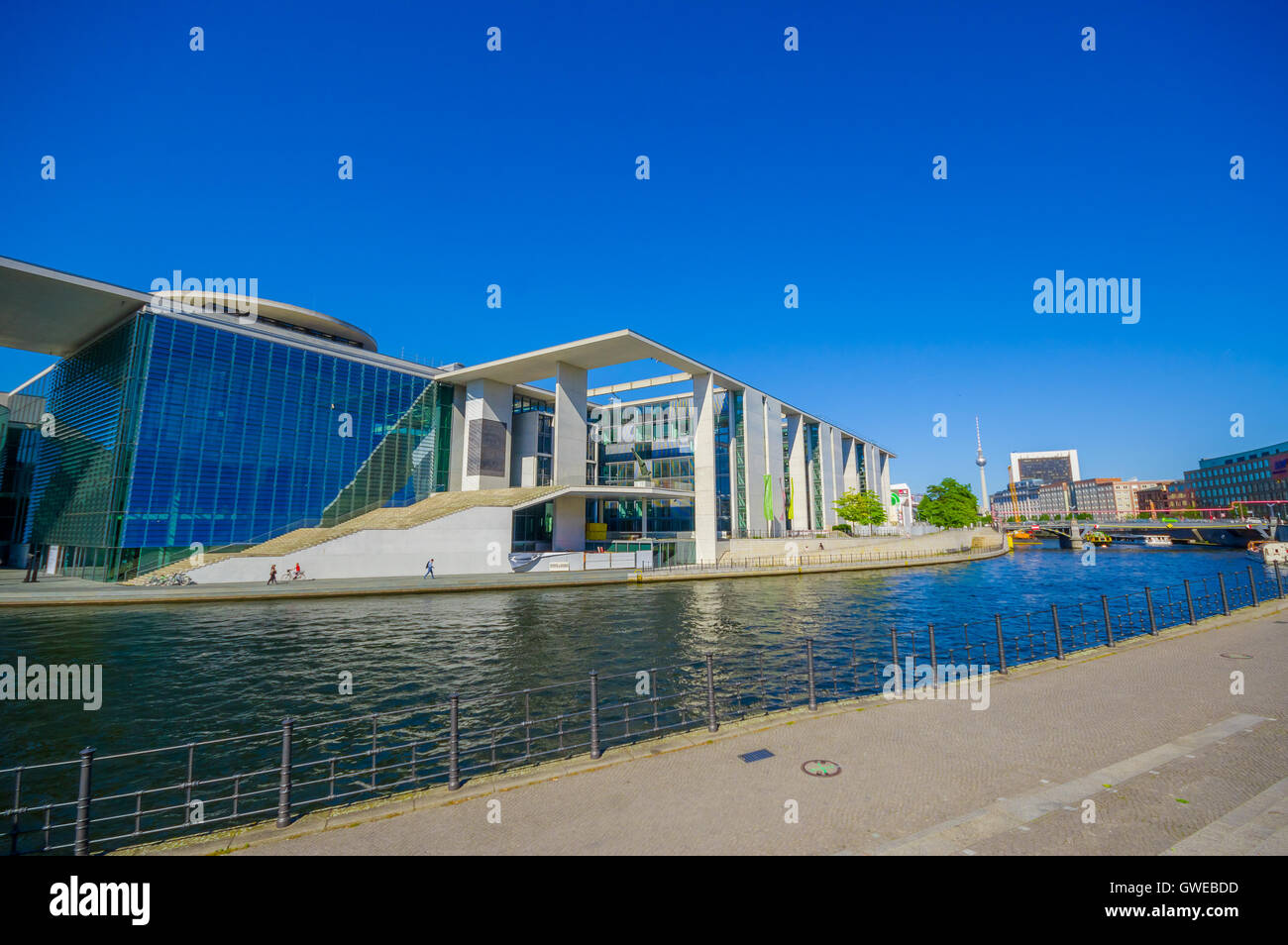 BERLIN, GERMANY - JUNE 06, 2015: Fantastic blue sky in Berlin, Marie Elisabeth Lueders house on the back, actually parliament li Stock Photo