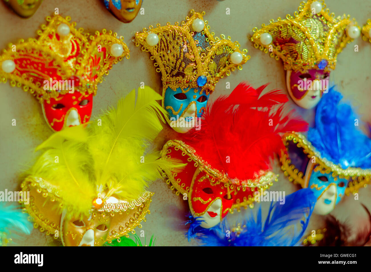 FLORENCE, ITALY - JUNE 12, 2015: Nice souvenirs of Florence, colored masks for carnical. Covered, strong colors. Stock Photo