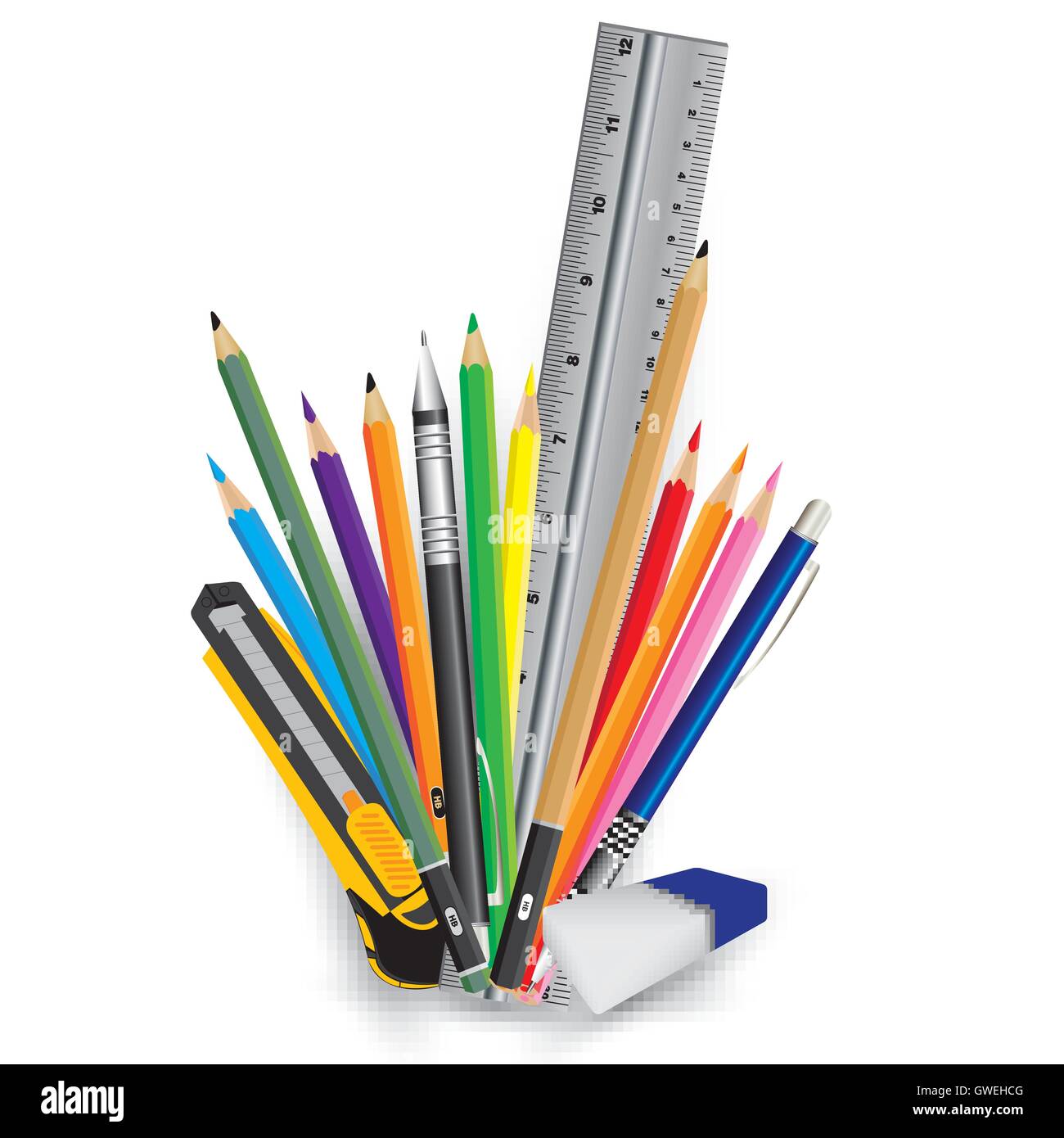 pencil, eraser, ruler, pen, vector, knife, cutter, color, illustration, set, white background, office, design, green, background Stock Vector