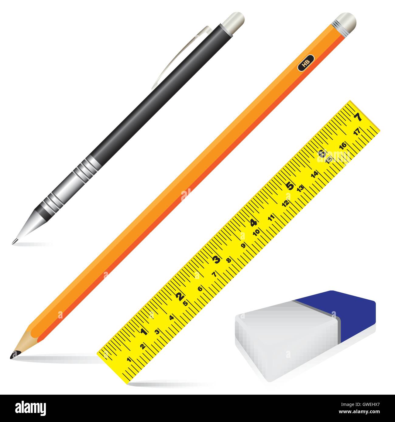pencil, eraser, ruler, pen, vector, color, illustration, set, white background, office, design, green, background, art, colorful Stock Vector