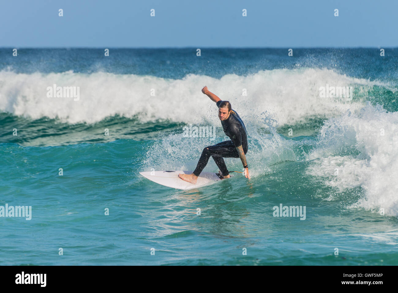 A Australian surfer on the wave, Bondi Beach in the Eastern Suburbs Sydney Stock Photo