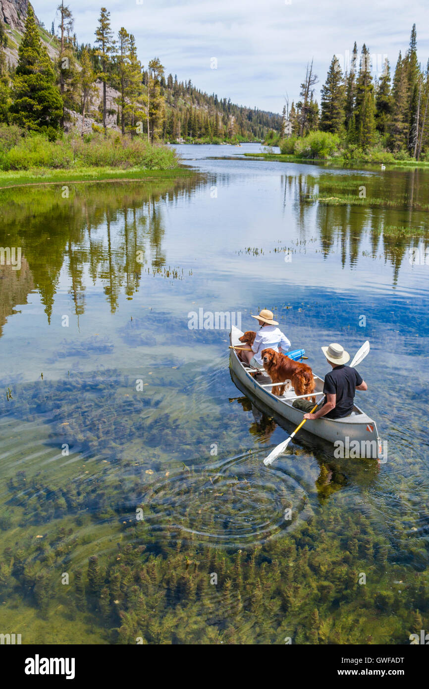 Couple with dogs in canoe at Twin Lakes in Mammoth Lakes Basin Stock