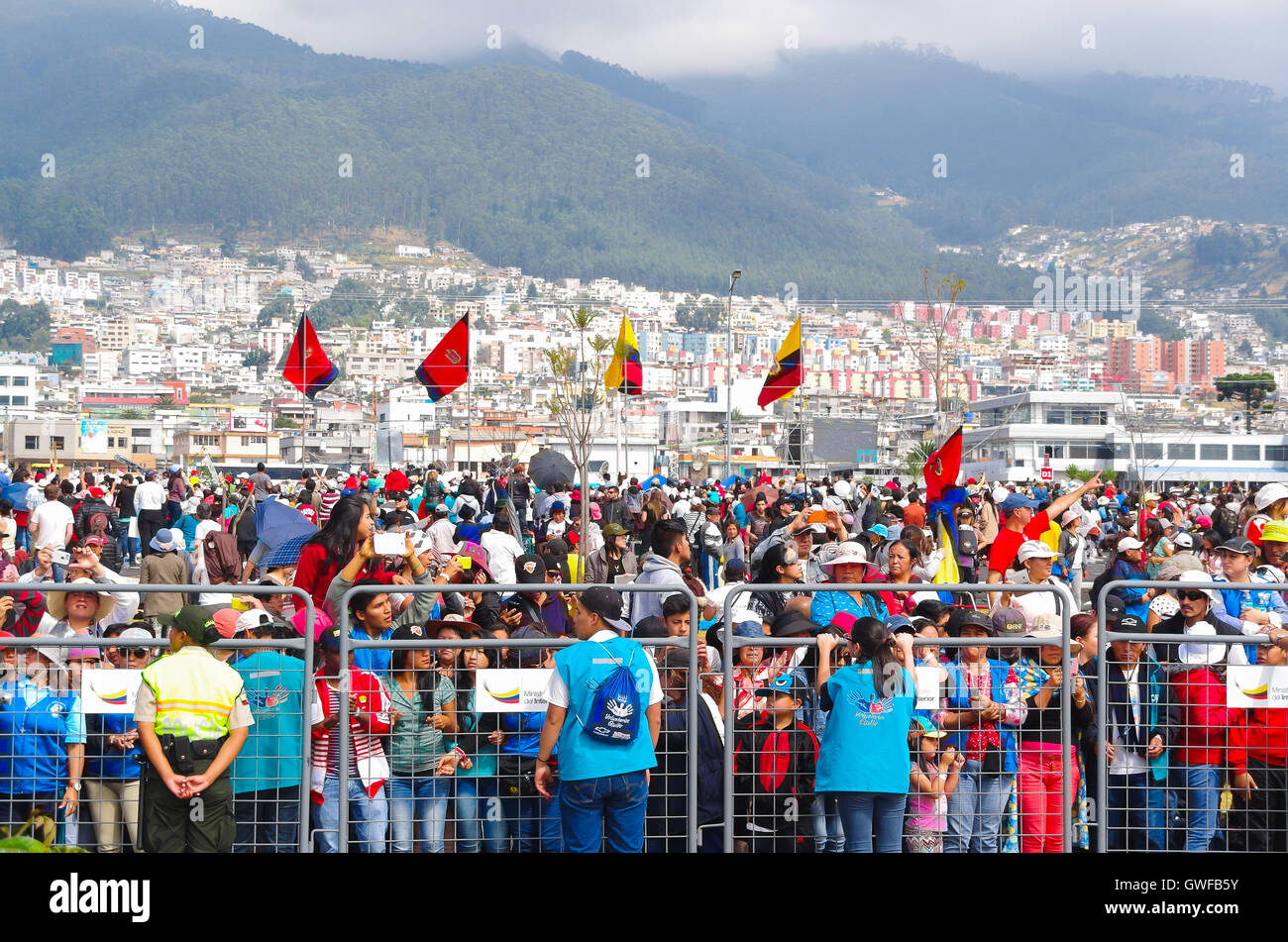 QUITO, ECUADOR - JULY 7, 2015: Ecuador and Quito flags around the huge