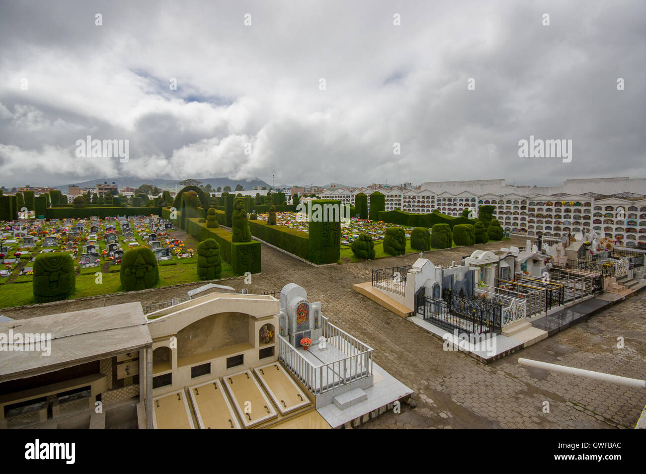 TULCAN, ECUADOR - JULY 3, 2016: nice aerial view of the topiary located inside the cemetery Stock Photo