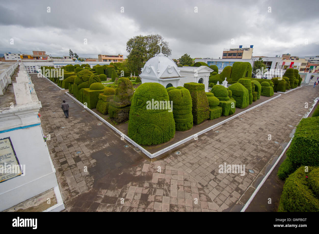 TULCAN, ECUADOR - JULY 3, 2016: overview of some sculptures located at the entrance of the cemetery Stock Photo