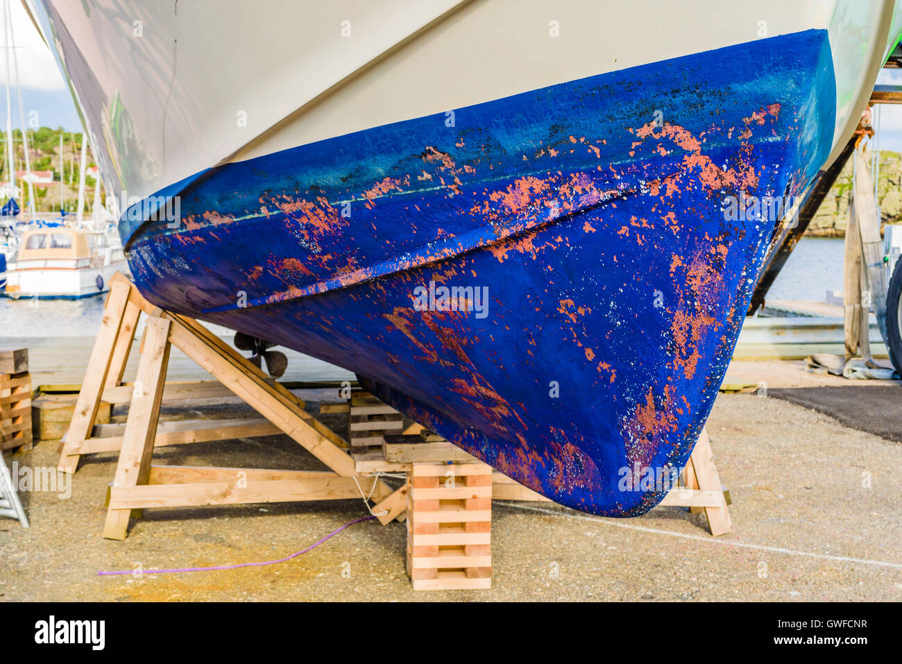 Close up of a blue boat keel seen from the front or fore. Stock Photo