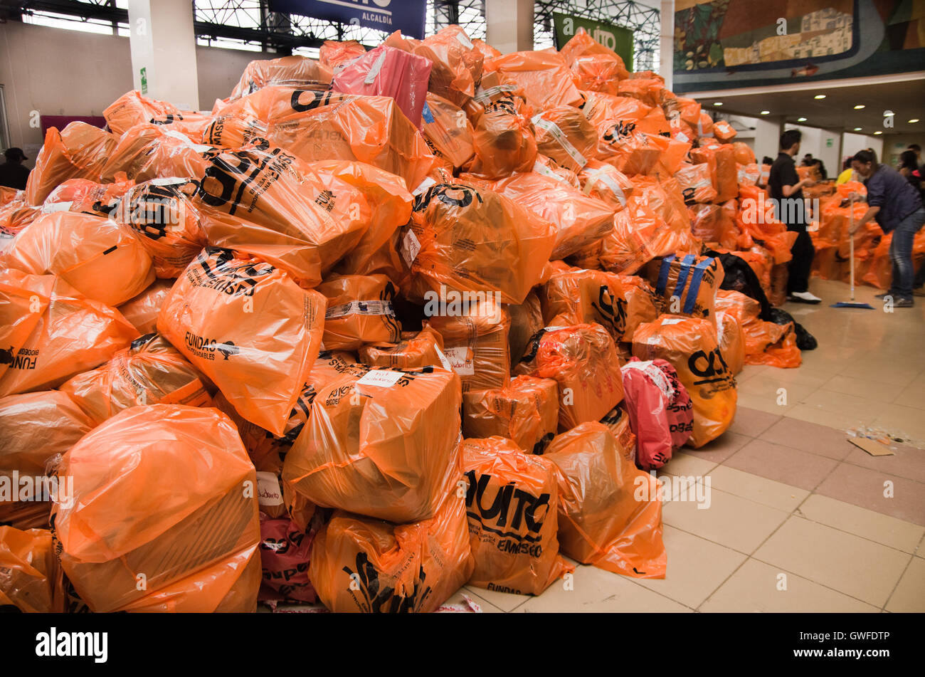 Quito, Ecuador April 23, 2016 Disaster relief food, clothes